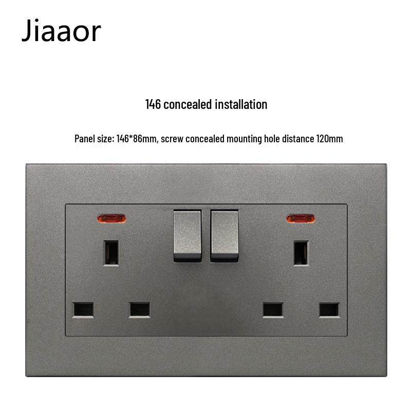 Grey British Standard Double Gang Switch Socket with USB & Type C - Hong Kong/Macau Compatible, Concealed 86 Type