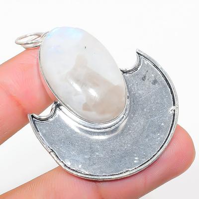 Natural Rainbow Moonstone Gemstone 925 Sterling Silver Pendant 2.09" T7w13