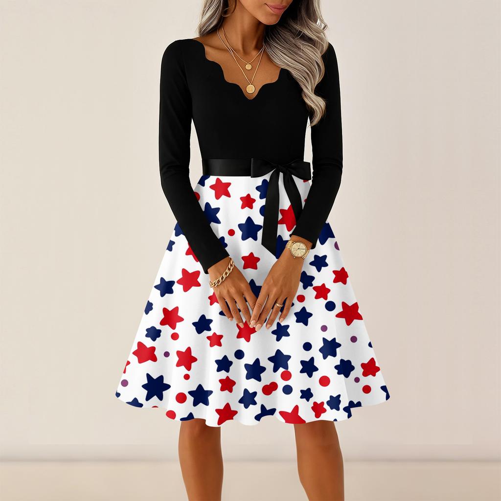 Ladies' Casual and Fashionable V-neck Long Sleeved Retro Independent Day Print Retro Dress