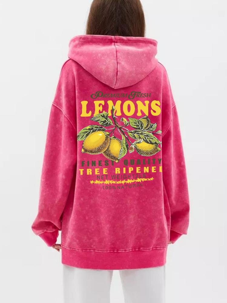 Autumn Winter Womans Washed Hoodie Premium Fresh Lemons Printing Sweatshirt Retro Oversize Cotton Clothes