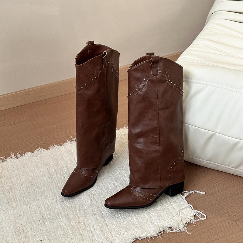 

Винтажные женские ковбойские сапоги на толстом каблуке с заклепками, модные сапожки-рыцари на осень-зиму 35