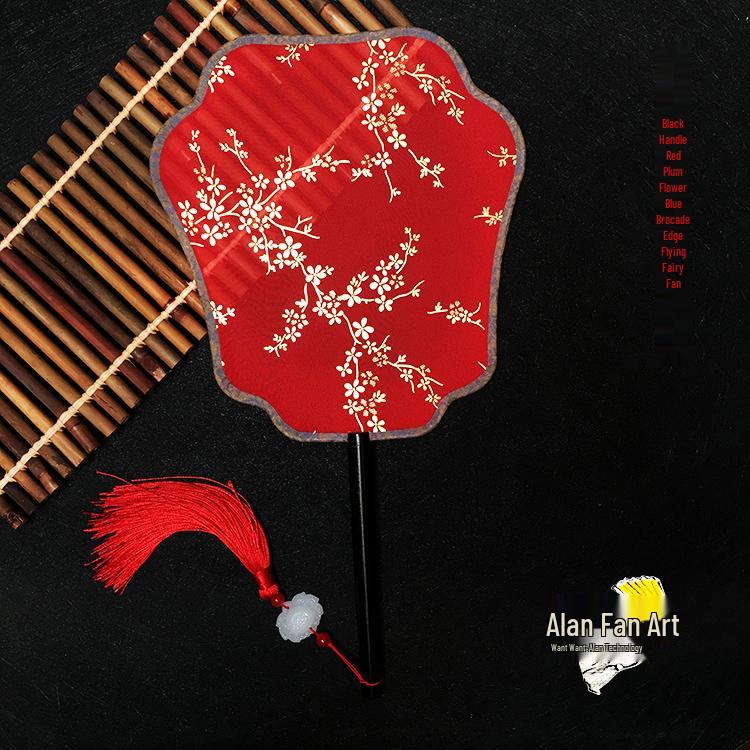 Éventail rond en soie rouge Hanfu ancien, orné d'un long pompon, pour la mariée.