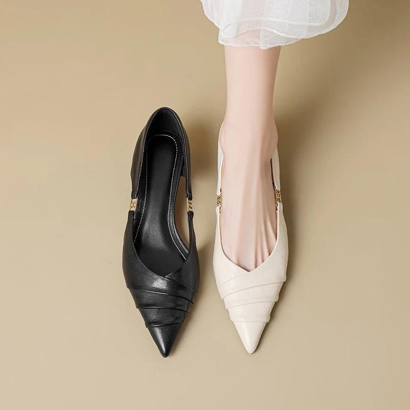 Fashion 2025 New Women's Mid Heels New Style Top Layer Sheepskin Hollow Out Design Leather Shoes Comfortable Soft Rubber Sole