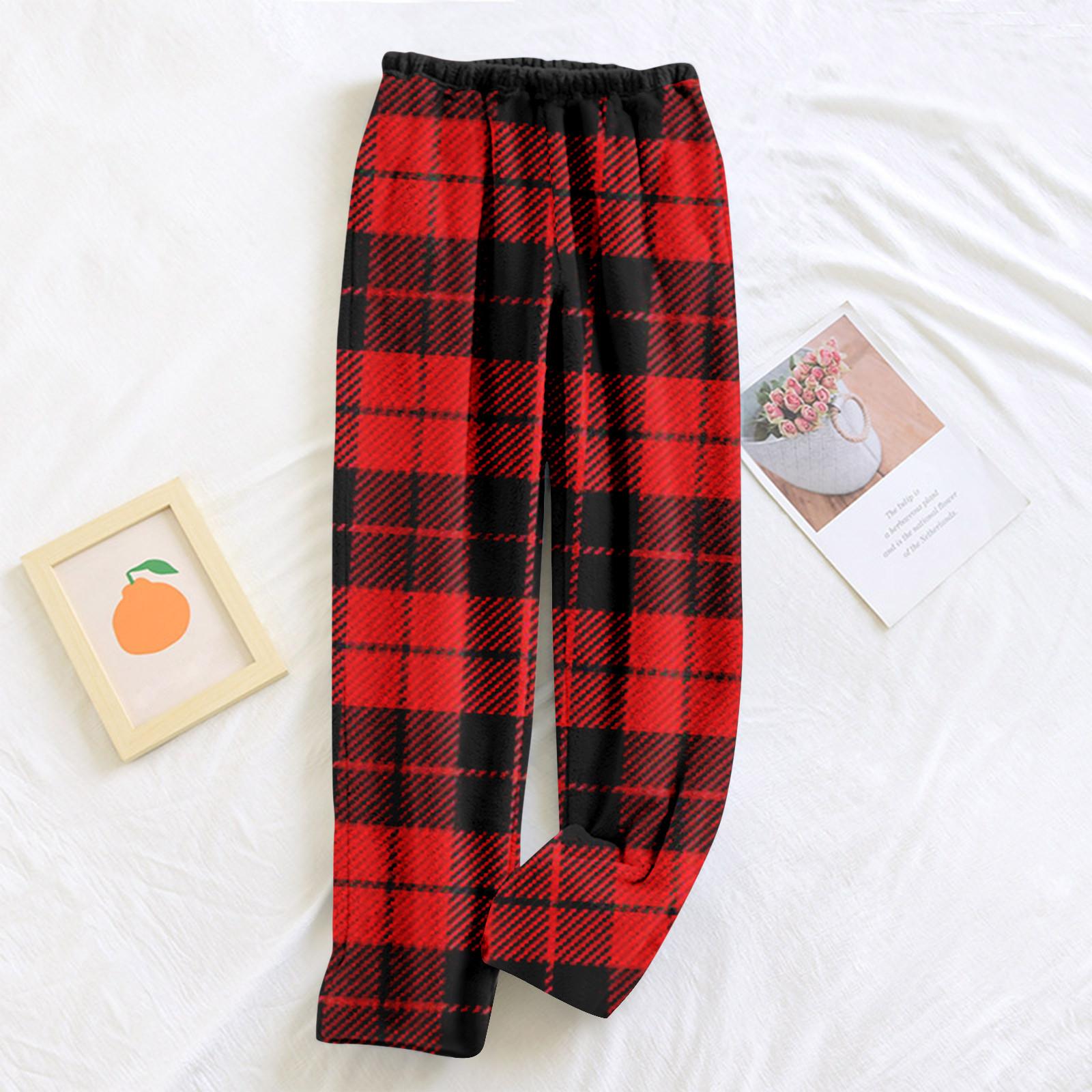 

Женские пижамные штаны, плюшевые пижамные штаны с мягкой эластичной талией, клетчатые штаны с 2 карманами S винный