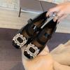 2025 Autumn French Retro Rhinestone Square Head Single Shoes Low Heel Patent Leather Suede Buckle Small Leather Shoes Wedding Shoes Water Versatile