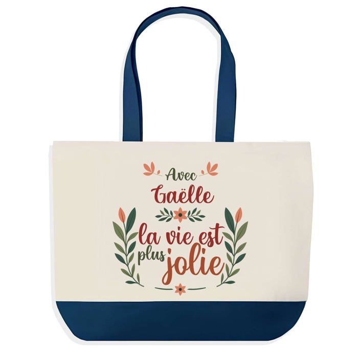 Sac shopping - PLANETEE - Gaëlle la vie est plus jolie - fond bleu - coton 40x45 cm - grand format