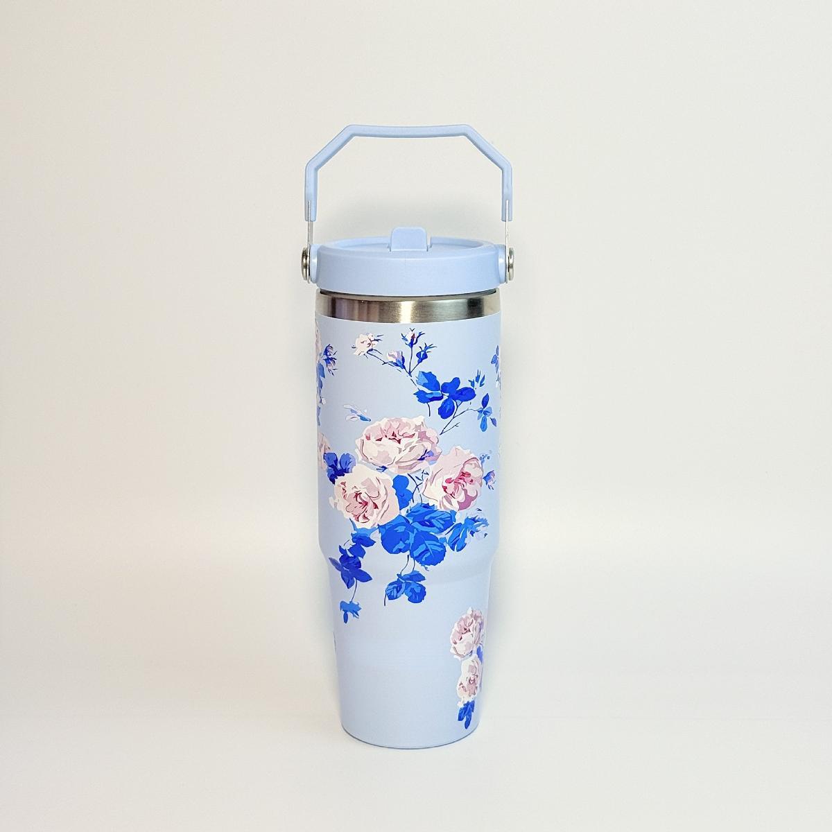 

Large Capacity Floral Stainless Steel Insulated Cup, Creative Handheld Car Mug for Tea Coffee, Home Office Travel Use 901-1000ml синій