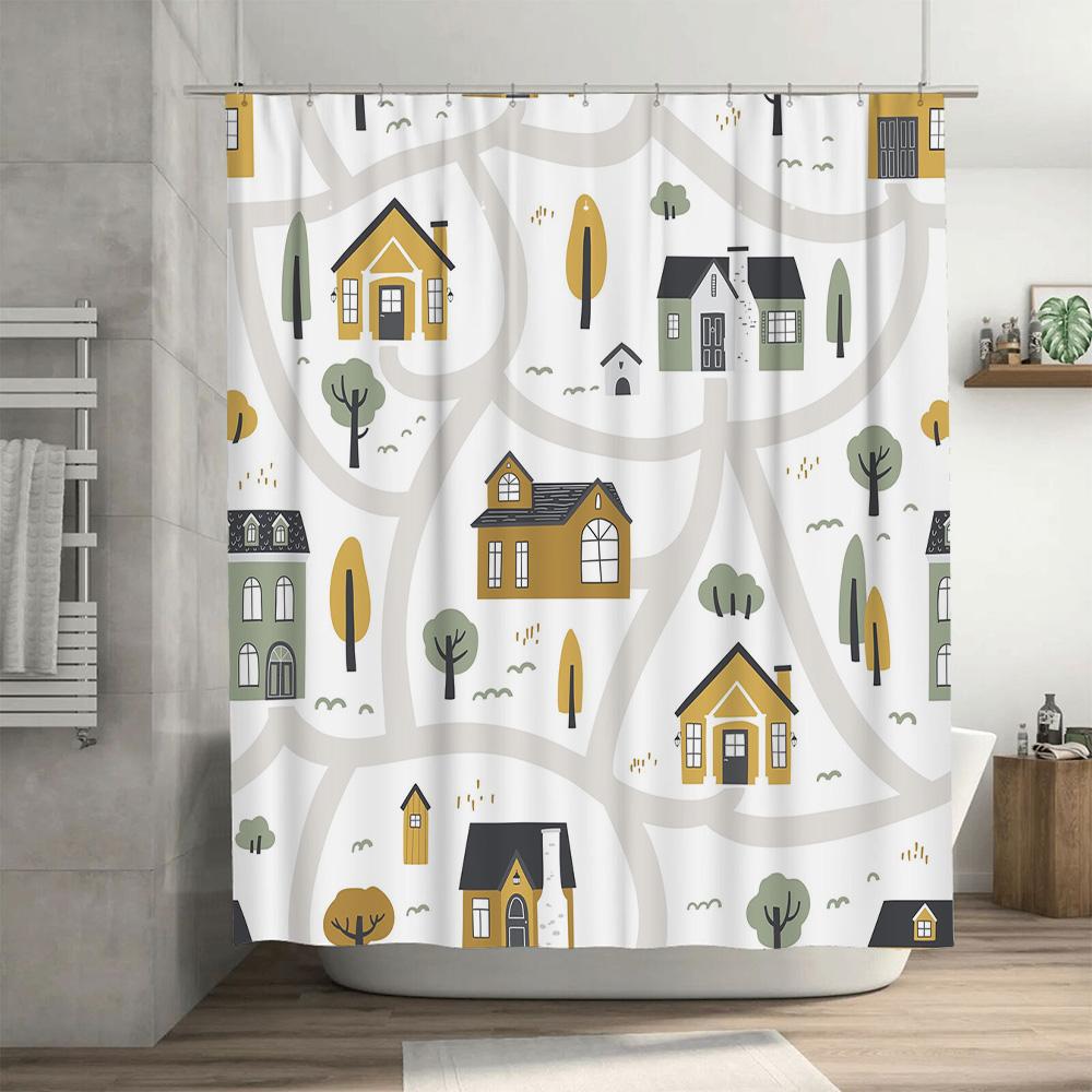 Stylish House Decor Shower Curtain Set for Bathroom Modern Home Decor with Trees Houses Print Various Sizes Available on AliExpr