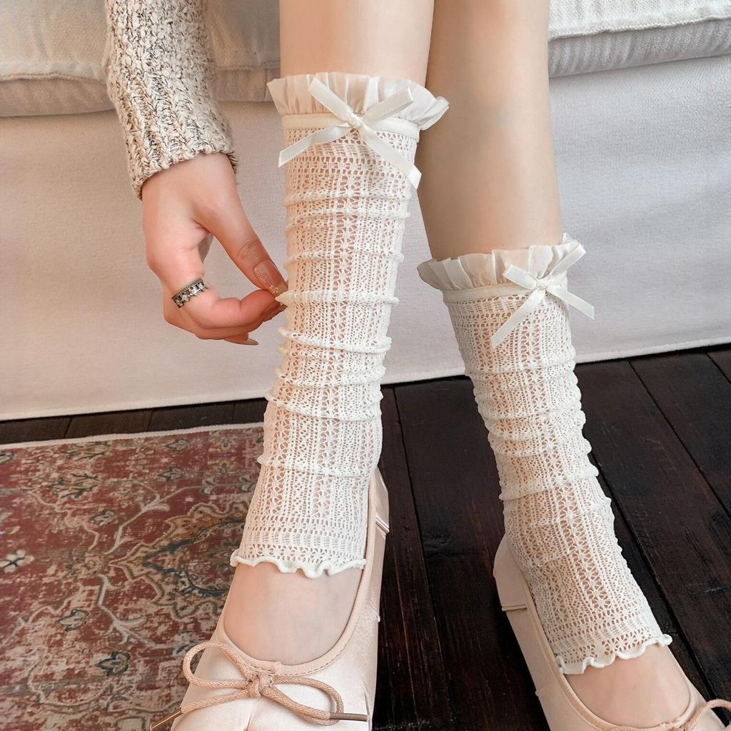 Lace Lace Stacking Socks Children'S Summer Thin Miu Series Ballet Style Medium Tube Stepping Socks Cover Bow Calf Socks