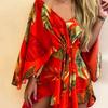 V-Ausschnitt Fledermausärmel Unregelmäßiger Saum Urlaubskleid Sommer Kordelzug in der Taille Tropischer Blätterdruck Mini Kleid Damenbekleidung