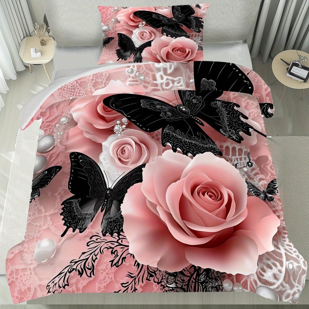 3pcs Pink Beding Set Buterfly Rose Pearl 3D Print Cozy Soft Duvet Cover King Quen Twin Sized Dimensions Birthday Gift for Adult People Bedrom Decor