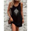 Women's Summer Loose and Comfortable Casual Sun and Moon Pattern Printed Black Sleeveless Vest Skirt Punk Style Dress