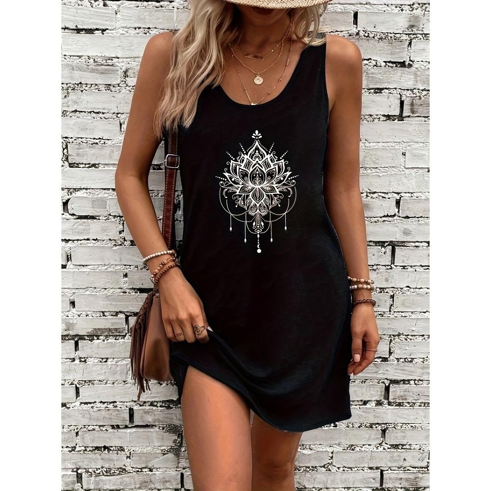 Women's Summer Loose and Comfortable Casual Sun and Moon Pattern Printed Black Sleeveless Vest Skirt Punk Style Dress
