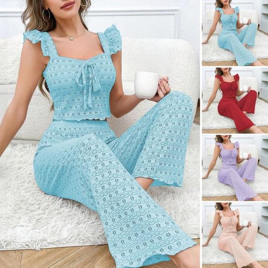 Damen Lochstickerei Pyjama Set 2 Teile Rüschen Ärmelloses Tanktop Und Lange Hose Pjs Set Sommer Lounge Nachtwäsche