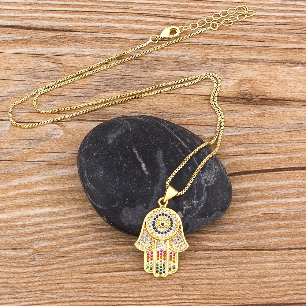 Nidin Hot Sale Women Men Hamsa Hand Necklace Gold Plated Copper Zircon Evil Eye Pendant & Chain Hip Hop Turkish Luck Jewelry