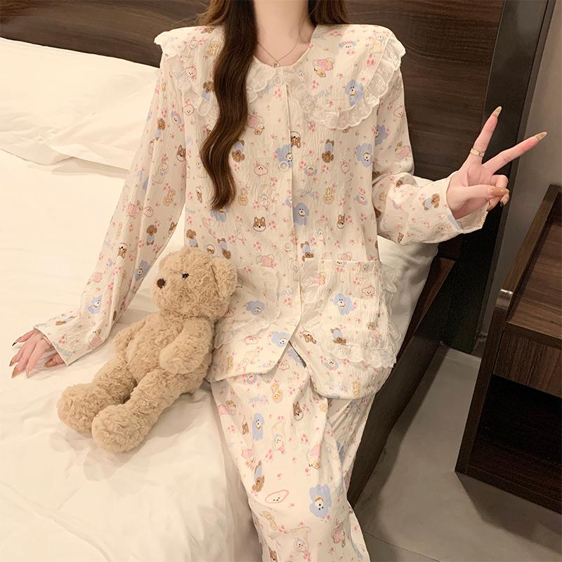 Cartoon Lace Doll Collar Cloud Cotton Long-Sleeved Pajamas Women'S Spring And Autumn Winter Sweet Wind Loungewear