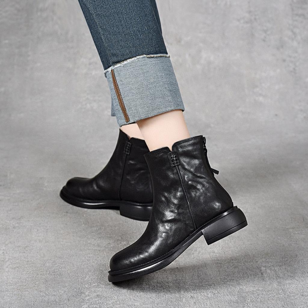 Martin boots women's autumn and winter new round head flat bottom short boots simple casual rear zipper leather boots cotton boots