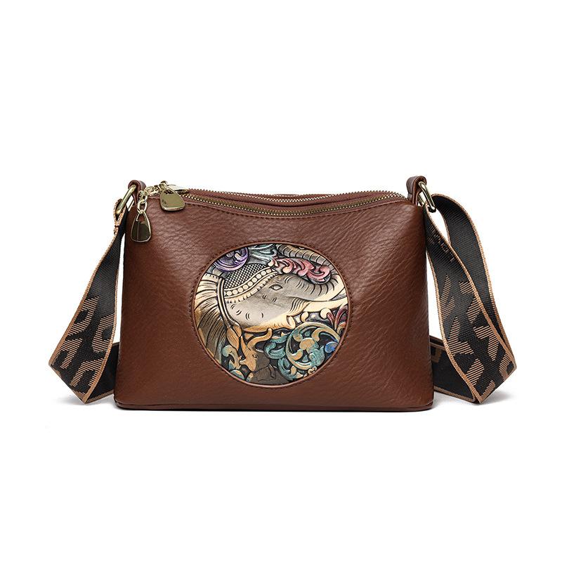 

Retro Artistic Chinese Style Lucky Elephant Embossed Crossbody Bag, Fashionable Large Capacity Wide Shoulder Strap Single Shoulder Crossbody Bag коричневий