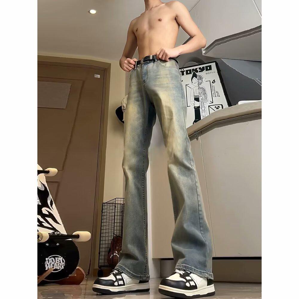 Jeans Homme Noir Coupe Droite Américain Poids Lourd - Tendance Printemps, Style High-Street Polyvalent avec Micro Évasement.