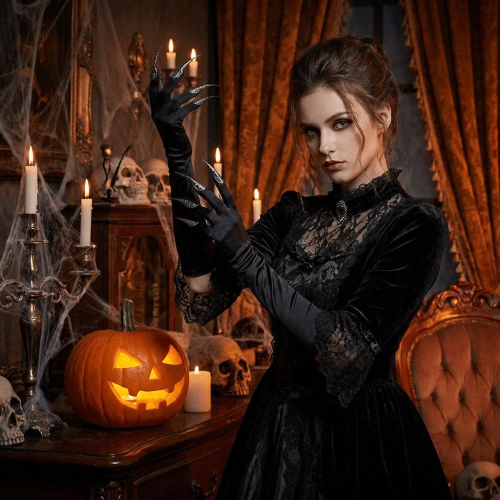 Gothic Long Nails Gloves Black Stretch Detachable Claw Nails Gloves  Stage Performance