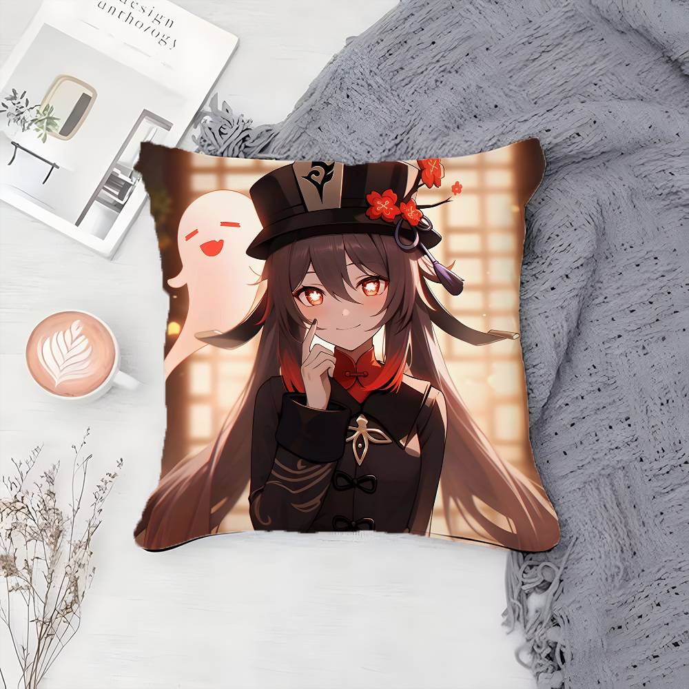 G-Genshin Impact-MT Cute Hu Tao Pillow Case Printing Pillowcase Living Room Sofa Cushion Cover Bedroom Room Decor