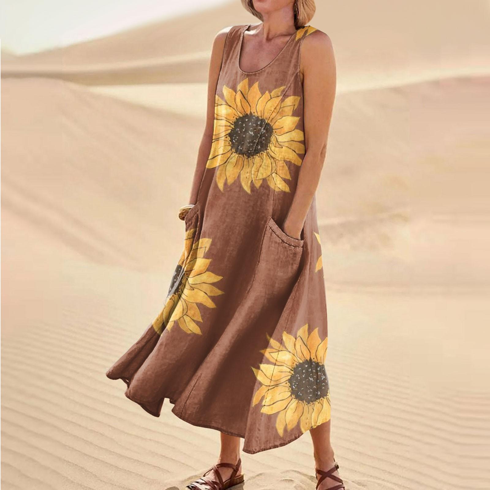 

Женское летнее повседневное модное платье без рукавов с карманом и круглым вырезом L кофейный