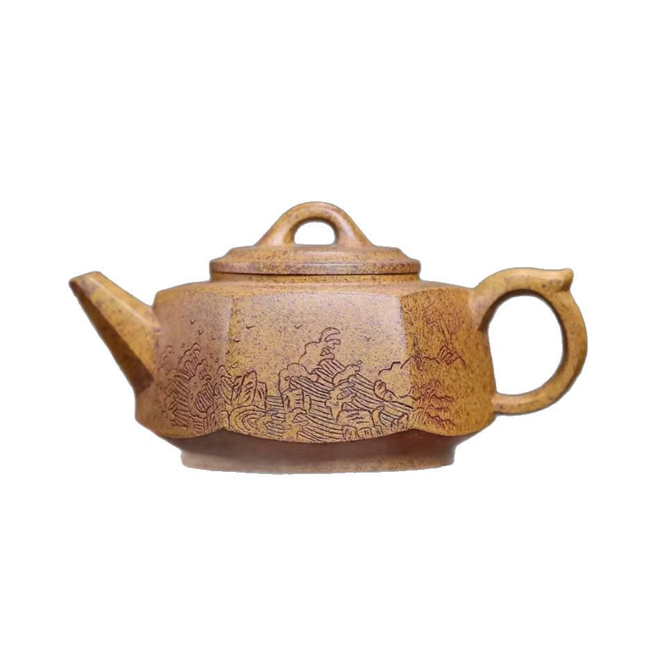 Hexagonal Sea View Yixing Zisha Teapot with Dragon Bone Gold Sand
