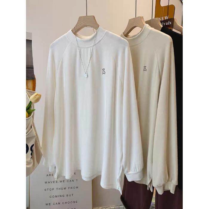 Women's Solid Color Velvet Embroidered Long-Sleeve Half-High Collar Loose T-Shirt.