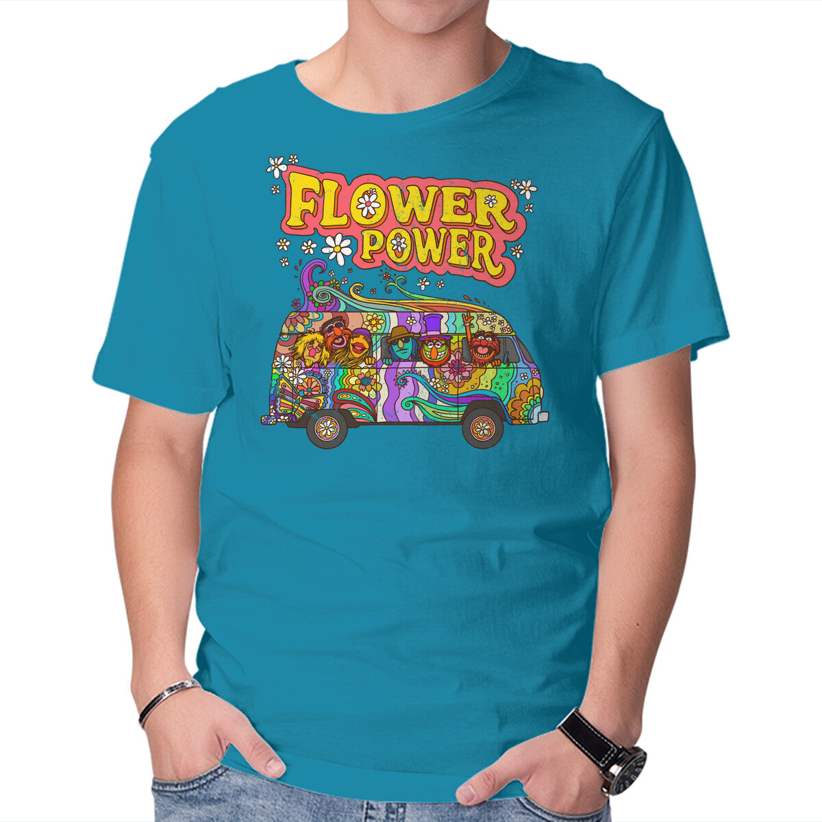 Unisex Crew Neck T-Shirt Flower Power Bus Graphic Short Sleeve Casual Tee XS