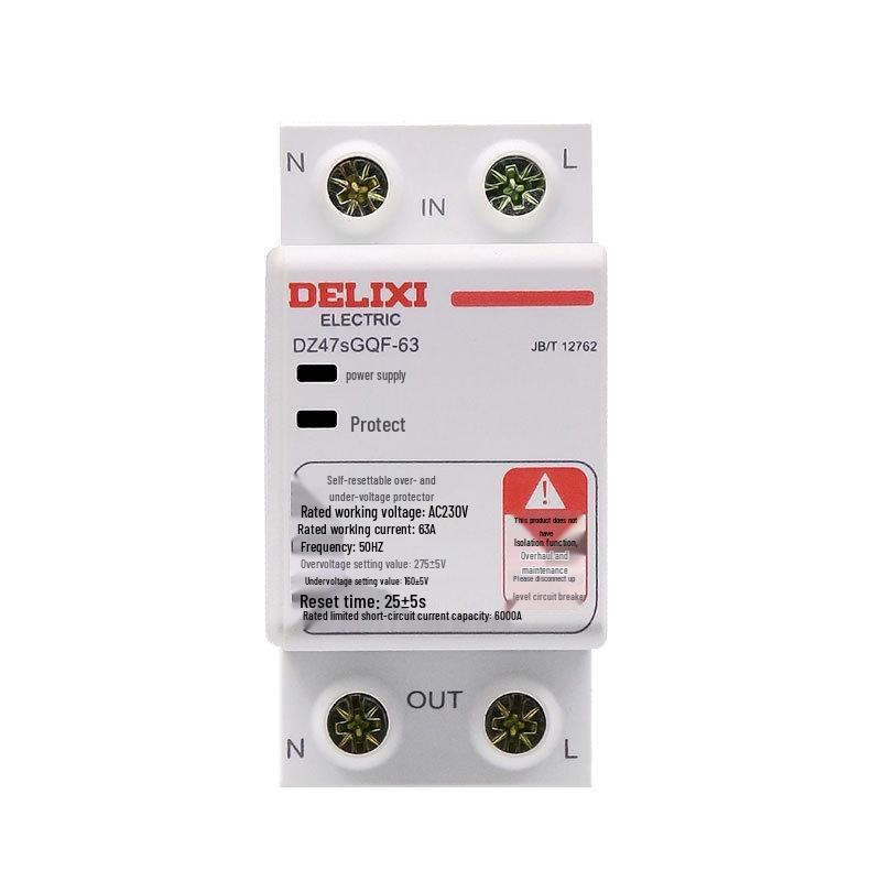Delixi DZ47sGQF Self-Resetting Household Over/Under Voltage Protector, 2P Single-Phase 1P+N, Top In/Bottom Out, 40A/63A.