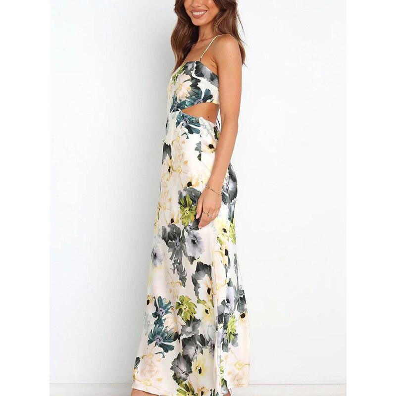 Summer Elegant Satin Floral Printed Lace Up Dress For Women Sexy Sleeveless Slim Ladies Dress Fashion Straps Sukienki 26157