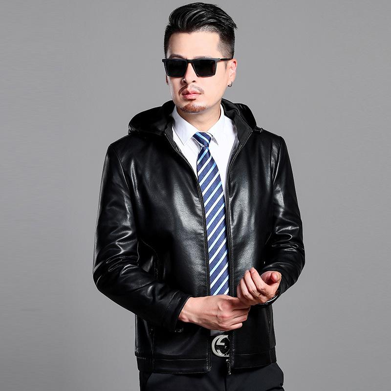 Autumn and winter leather jackets for men, casual hooded sheepskin jackets for middle-aged men