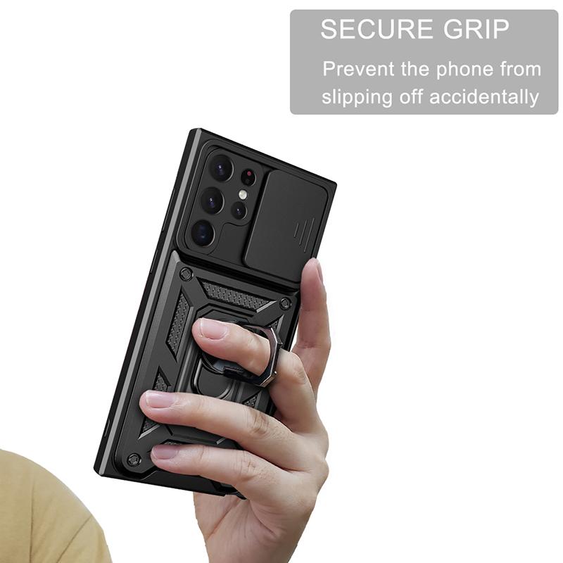 

Противоударный гибридный двухслойный магнитный чехол-подставка с кольцом для Samsung Galaxy S24 23 FE 22 Ultra Puls Slide Camera Protetion Cover For Galaxy S24 Ultra чёрный