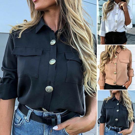 

Женская повседневная однотонная рубашка с длинными рукавами и двойными карманами на пуговицах, блузка