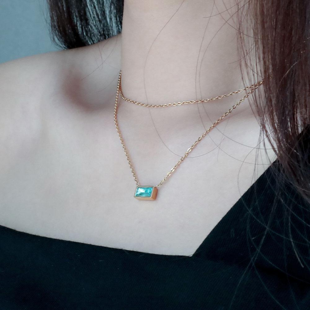 French Light Luxury Titanium Steel Non-Fading Jewelry Fashionable Versatile Stacked Wearing Collarbone Chain Double Layer Blue Zircon Necklace Women