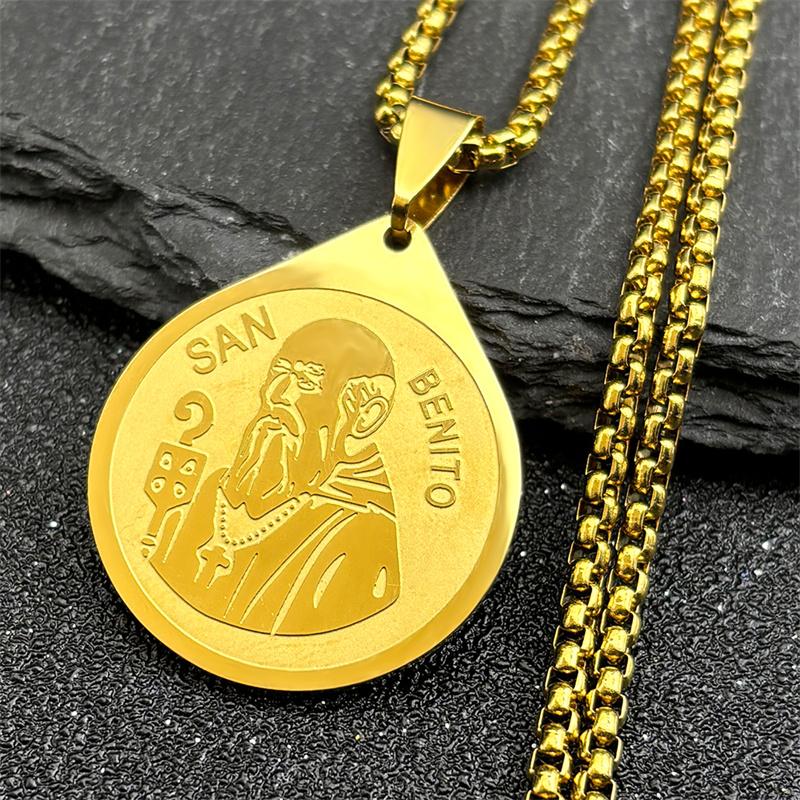 Catholic Medal of San Benito Necklace for Women Men Stainless Steel Gold Silver Color St. Benedict Medallion Collar Jewelry