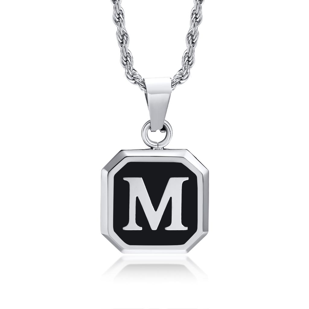 Initials Necklaces for Men Women,A-Z 26 Letters Black Square Stainless Steel Pendant Collar,45-60CM Twisted Rope Chain Gifts