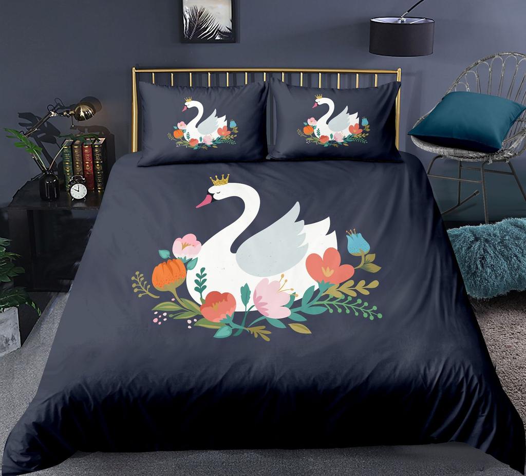 Swan Duvet Cover Set Rose Crown Comforter Cover Polyester Bedding Set Sweet Girl Romantic Quilt Cover Pink Red King Twin Size
