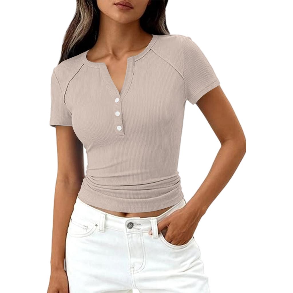Damenmode Lässig Farbe Neu Kurzarm Dekorative Knöpfe V-Ausschnitt T-Shirt Top