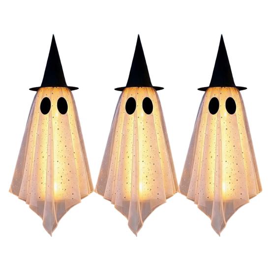 Lighted Floating Ghosts for Outdoor 3 Pcs Halloween Hanging Ghost Decoration, Spooky Large Mesh Garden Haunted House Accessories with Witch Hat Porch,