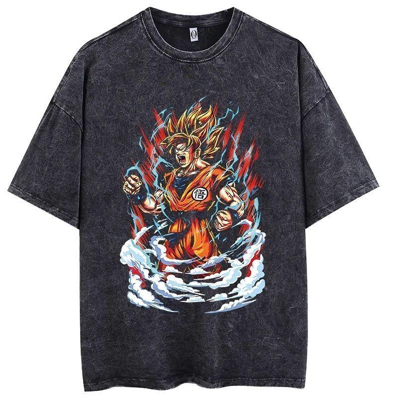 Trending Dragon Ball Goku Super Saiyan Vintage Washed Cotton Oversized T Shirt Unisex Casual Anime Print Tee for Men Women