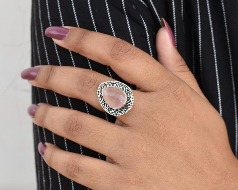 Solid 925 Sterling Silver Rose Quartz Gemstone Handmade Boho Designer Partywear Women Ring Jewelry