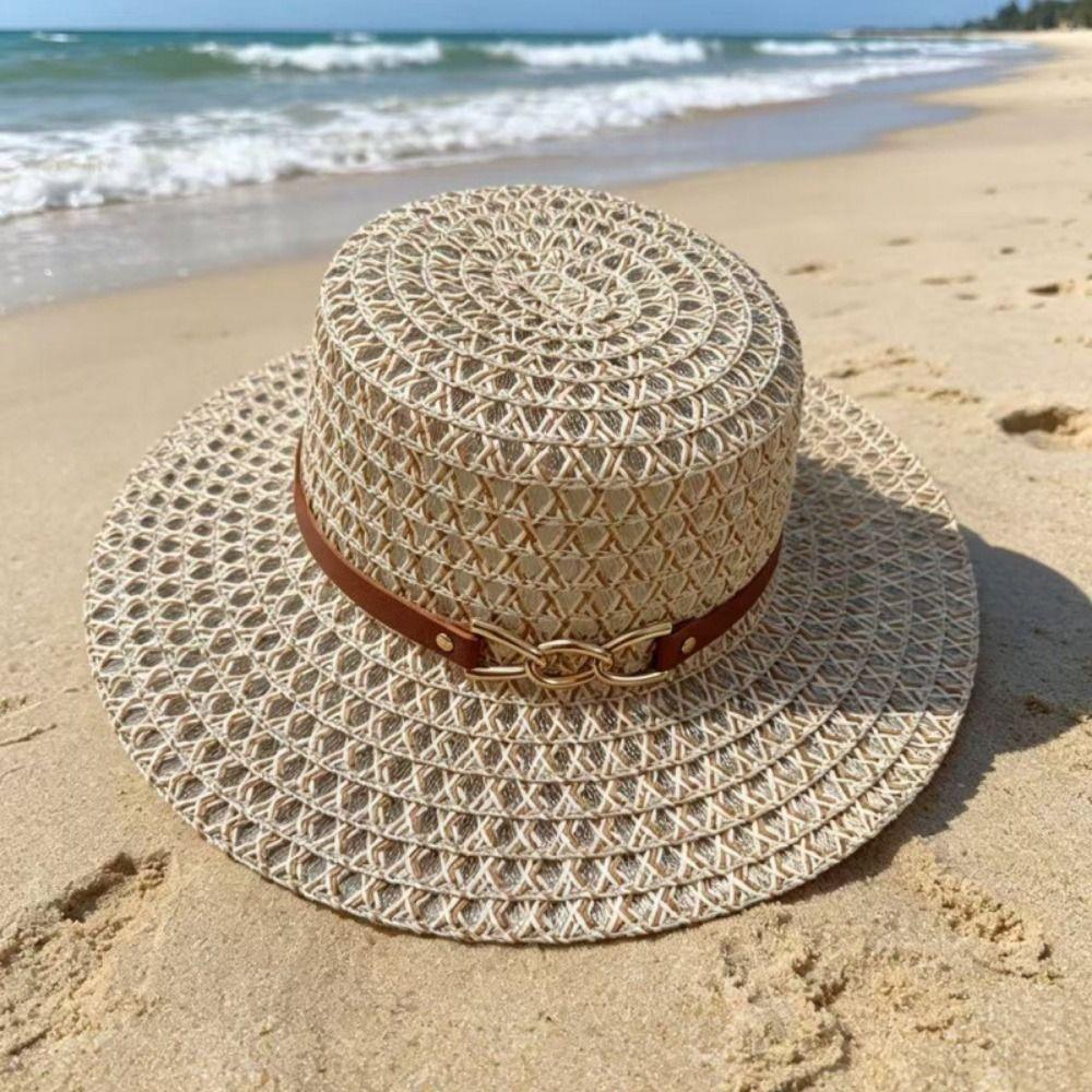 Woven Flat Top Hat Hollow Out Flat Brim Hat French Retro Style Straw Hat Daily Matching
