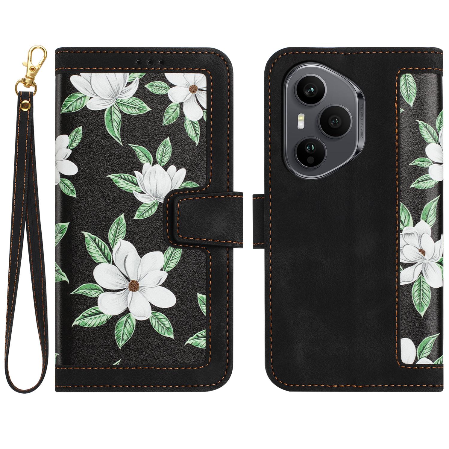 

For Honor 400 Pro 5G (Global) Case PU Leather Floral Phone Cover with Card Slots/Wrist Strap E