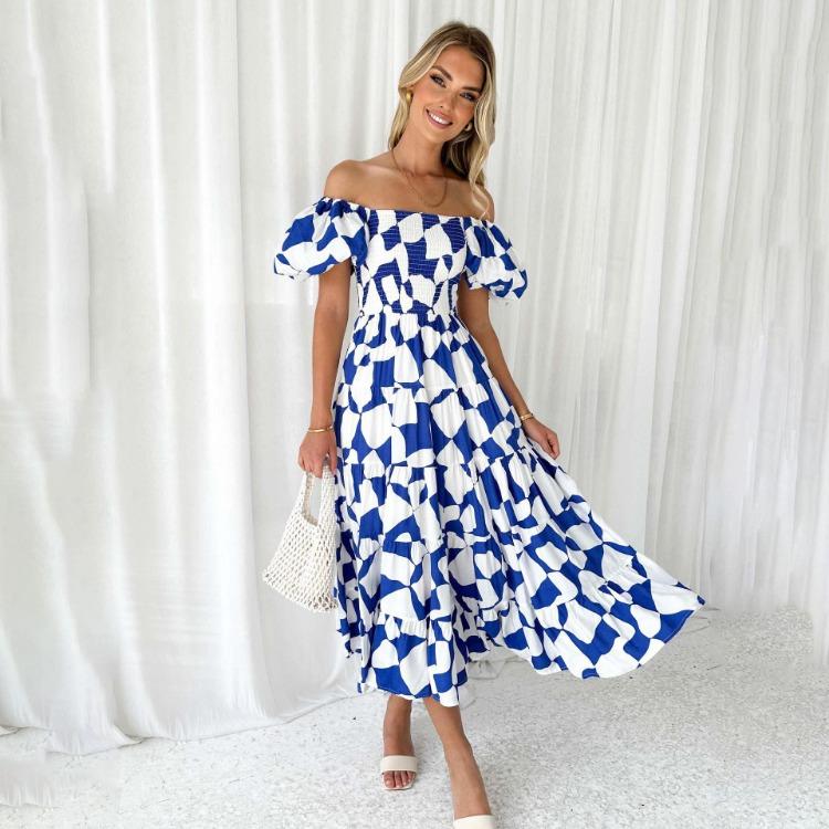 Women's Summer Strapless Print Pleated Dress Short Sleeve Ankle Length Fashion