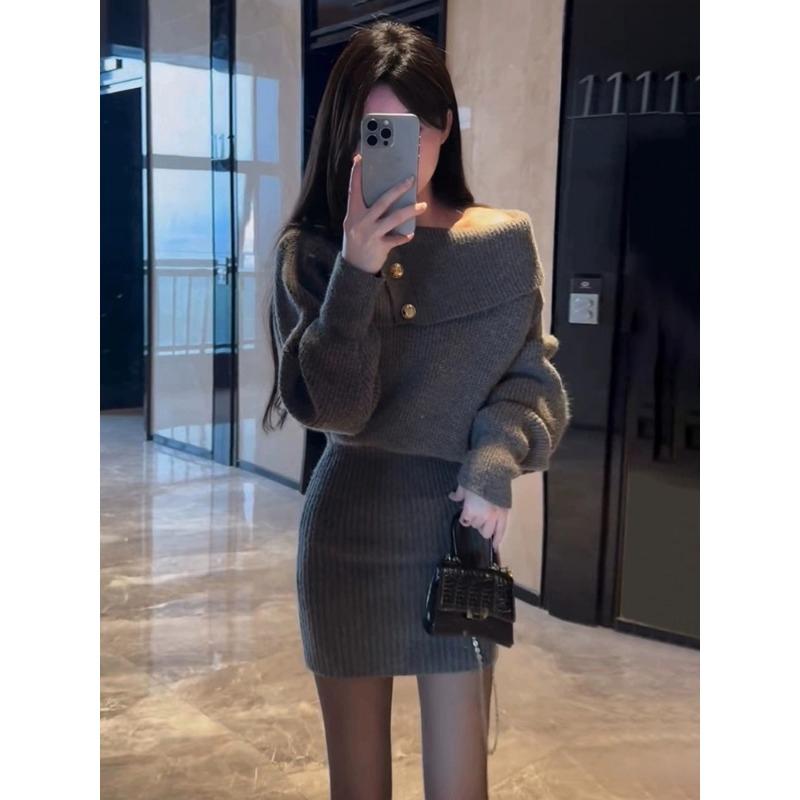 Autumn and Winter Off-the-shoulder Knitted Sweater Dress Women New Elegant Long Sleeve Hip-wrapped Waist Bodycon Party Short Dresses Clothing 2222