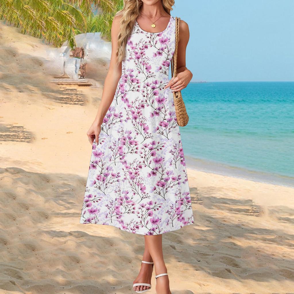 Ärmelloses Maxikleid mit Blumenprint für Damen, lässiger lockerer Schnitt, Sommer-Maxikleid mit Taschen, Rundhalsausschnitt