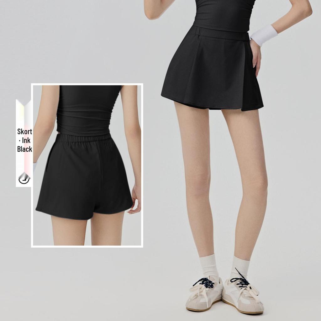 Women's Sportswear Set: Padded Bust Yoga Vest & Loose Casual Anti-exposure Skirt Shorts with Pleated Waistband and Belt