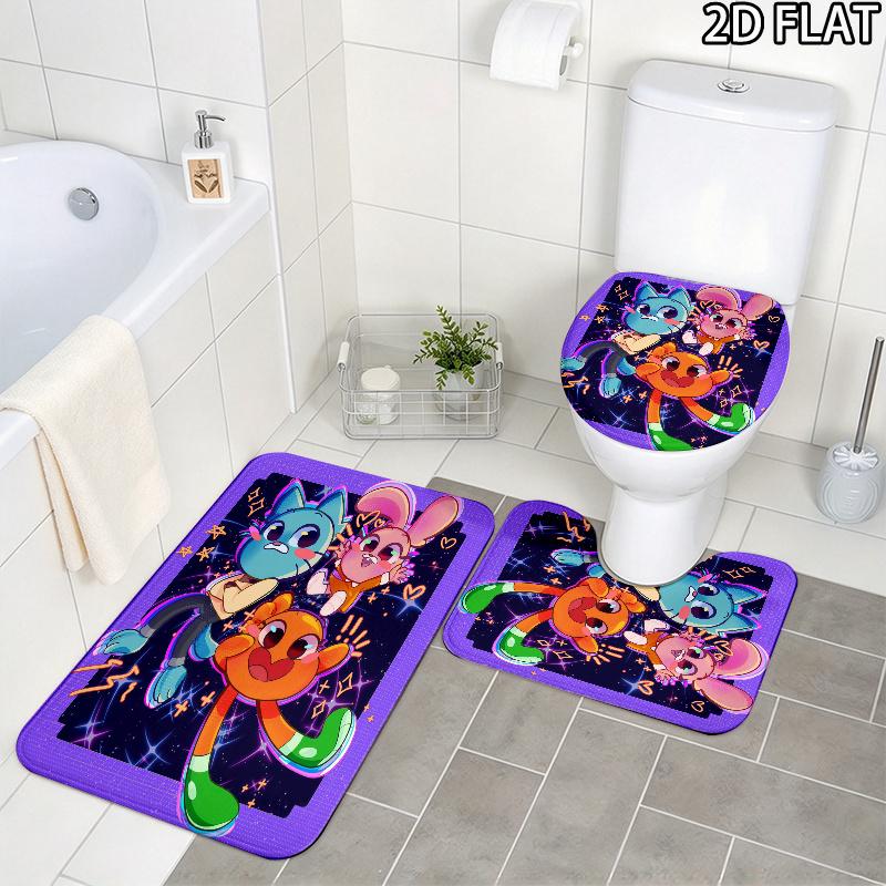 3pcs The Amazing World of Gumball Pattern Flannel Nonslip Absorbent Washable Decorative Bathroom Home Toilet Seat Cover Mat