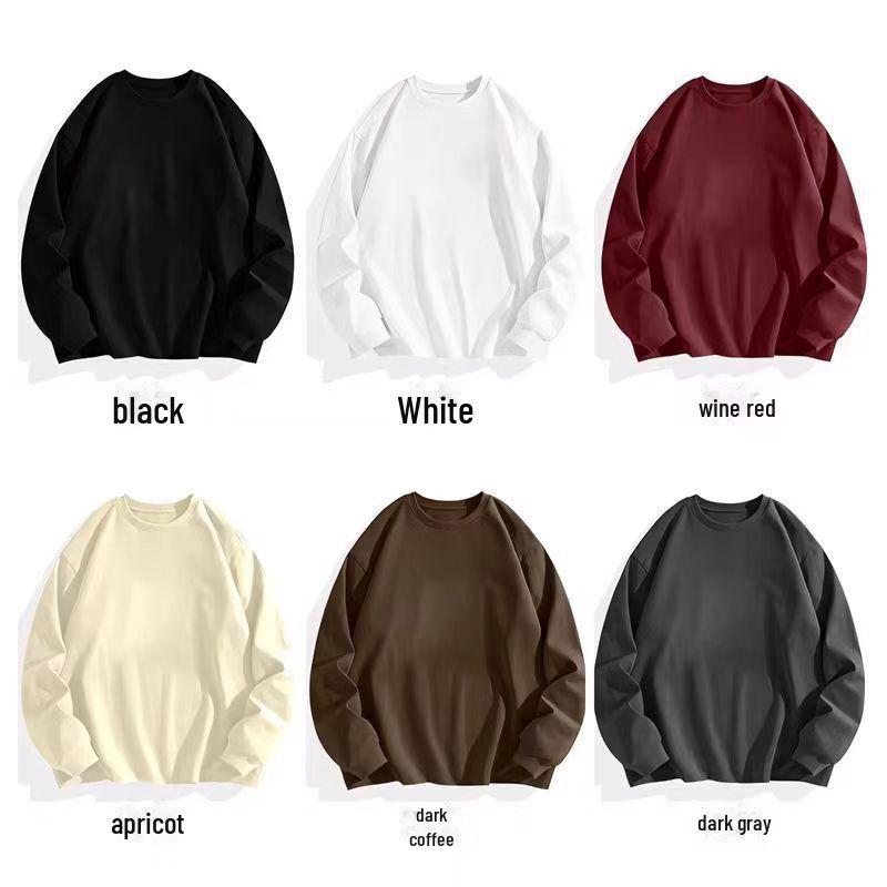 Men's 300g Heavyweight Pure Cotton White Long-Sleeve Round Neck Shirt